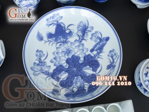 Bộ đồ thờ men lam cổ vẽ Sen Phú Quý Tài Lộc 01, cả đỉnh hạc