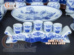 Bộ đồ thờ men lam cổ vẽ Sen Phú Quý Tài Lộc 01, cả đỉnh hạc