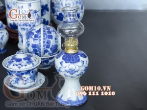 Bộ đồ thờ men lam cổ vẽ Sen Phú Quý Tài Lộc 01, cả đỉnh hạc