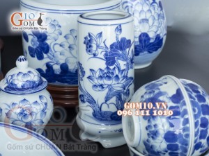 Bộ đồ thờ men lam cổ vẽ Sen Phú Quý Tài Lộc 01, cả đỉnh hạc