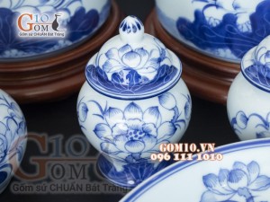 Bộ đồ thờ men lam cổ vẽ Sen Phú Quý Tài Lộc 01, cả đỉnh hạc