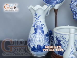 Bộ đồ thờ men lam cổ vẽ Sen Phú Quý Tài Lộc 01, cả đỉnh hạc