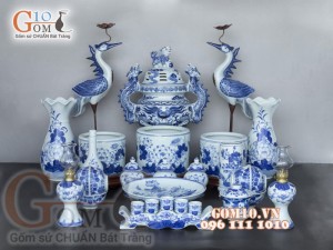 Bộ đồ thờ men lam cổ vẽ Sen Phú Quý Tài Lộc 01, cả đỉnh hạc