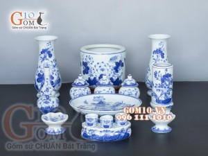 Bộ đồ thờ men lam cổ vẽ Sen Phú Quý Tài Lộc 04