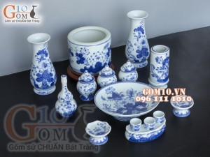 Bộ đồ thờ men lam cổ vẽ Sen Phú Quý Tài Lộc 04