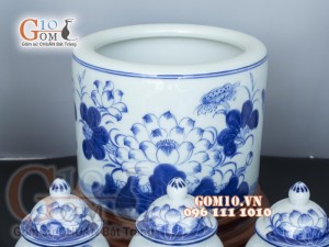 Bộ đồ thờ men lam cổ vẽ Sen Phú Quý Tài Lộc 04