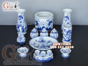 Bộ đồ thờ men lam cổ vẽ Sen Phú Quý Tài Lộc 04