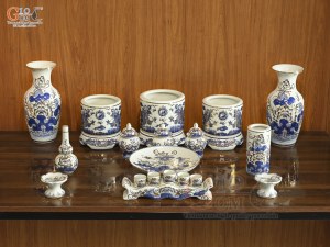 Bộ đồ thờ men lam vẽ Rồng Sen Đại Phát vẽ vàng, 16 chi tiết (Ban Thờ 1m27-1m53)