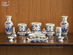 Bộ đồ thờ men lam vẽ Rồng Sen Đại Phát vẽ vàng, 16 chi tiết (Ban Thờ 1m27-1m53)