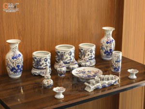 Bộ đồ thờ men lam vẽ Rồng Sen Đại Phát vẽ vàng, 16 chi tiết (Ban Thờ 1m27-1m53)