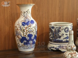 Bộ đồ thờ men lam vẽ Rồng Sen Đại Phát vẽ vàng, 16 chi tiết (Ban Thờ 1m27-1m53)