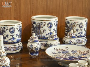 Bộ đồ thờ men lam vẽ Rồng Sen Đại Phát vẽ vàng, 16 chi tiết (Ban Thờ 1m27-1m53)