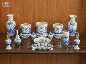 Bộ đồ thờ men lam vẽ Rồng Sen Đại Phát, 15 chi tiết (Ban Thờ 1m27-1m53)