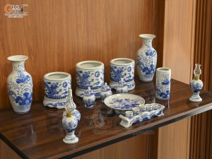 Bộ đồ thờ men lam vẽ Rồng Sen Đại Phát, 15 chi tiết (Ban Thờ 1m27-1m53)