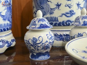 Bộ đồ thờ men lam vẽ Rồng Sen Đại Phát, 15 chi tiết (Ban Thờ 1m27-1m53)