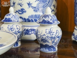 Bộ đồ thờ men lam vẽ Rồng Sen Đại Phát, 15 chi tiết (Ban Thờ 1m27-1m53)