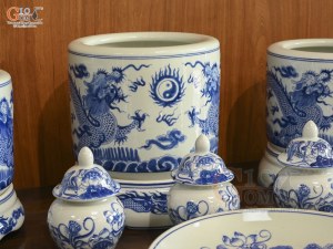Bộ đồ thờ men lam vẽ Rồng Sen Đại Phát, 15 chi tiết (Ban Thờ 1m27-1m53)