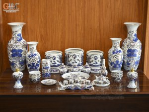 Bộ đồ thờ men lam vẽ Rồng Sen Đại Phát, 24 chi tiết (Ban Thờ 1m53)