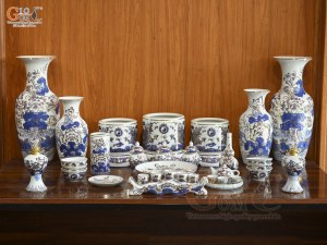 Bộ đồ thờ men lam vẽ Rồng Sen Đại Phát, 24 chi tiết (Ban Thờ 1m53)