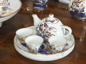 Bộ đồ thờ men lam vẽ Rồng Sen Đại Phát, 24 chi tiết (Ban Thờ 1m53)
