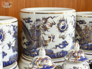 Bộ đồ thờ men lam vẽ Rồng Sen Đại Phát, 24 chi tiết (Ban Thờ 1m53)