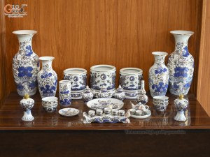 Bộ đồ thờ men lam vẽ Rồng Sen Đại Phát, 24 chi tiết (Ban Thờ 1m53)