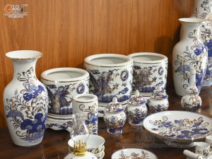 Bộ đồ thờ men lam vẽ Rồng Sen Đại Phát, 24 chi tiết (Ban Thờ 1m53)