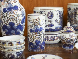 Bộ đồ thờ men lam vẽ Rồng Sen Đại Phát, 24 chi tiết (Ban Thờ 1m53)