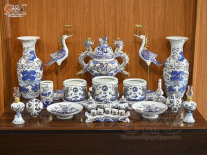 Bộ đồ thờ men lam vẽ Rồng Sen Đại Phát, 23 chi tiết (Ban Thờ 1m53)