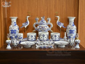 Bộ đồ thờ men lam vẽ Rồng Sen Đại Phát, 23 chi tiết (Ban Thờ 1m53)