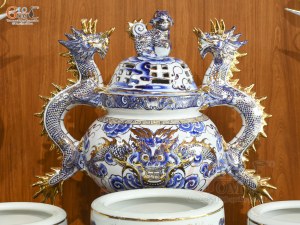 Bộ đồ thờ men lam vẽ Rồng Sen Đại Phát, 23 chi tiết (Ban Thờ 1m53)