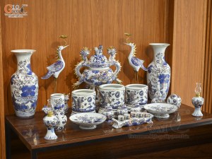 Bộ đồ thờ men lam vẽ Rồng Sen Đại Phát, 23 chi tiết (Ban Thờ 1m53)