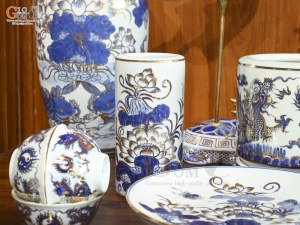Bộ đồ thờ men lam vẽ Rồng Sen Đại Phát, 23 chi tiết (Ban Thờ 1m53)