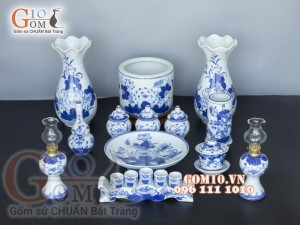 Bộ đồ thờ men lam cổ vẽ Sen Phú Quý Tài Lộc 03