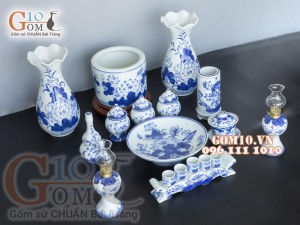 Bộ đồ thờ men lam cổ vẽ Sen Phú Quý Tài Lộc 03