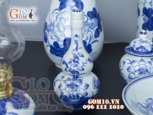 Bộ đồ thờ men lam cổ vẽ Sen Phú Quý Tài Lộc 03