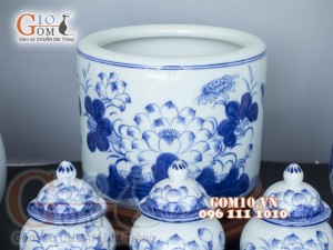 Bộ đồ thờ men lam cổ vẽ Sen Phú Quý Tài Lộc 03