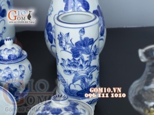 Bộ đồ thờ men lam cổ vẽ Sen Phú Quý Tài Lộc 03