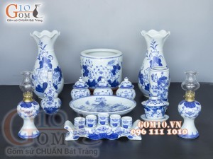 Bộ đồ thờ men lam cổ vẽ Sen Phú Quý Tài Lộc 03