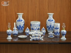 Bộ đồ thờ men lam vẽ Sen Đại Cát, 13 chi tiết (Ban Thờ 1m27-1m53)