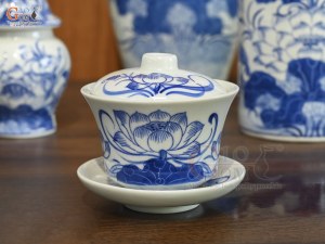 Bộ đồ thờ men lam vẽ Sen Đại Cát, 13 chi tiết (Ban Thờ 1m27-1m53)