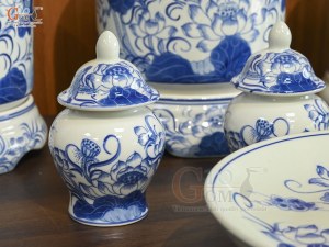 Bộ đồ thờ men lam vẽ Sen Đại Cát, 15 chi tiết (Ban Thờ 1m27-1m53)