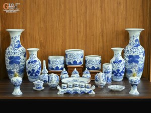 Bộ đồ thờ men lam vẽ Sen Đại Cát (Ban Thờ 1m53)