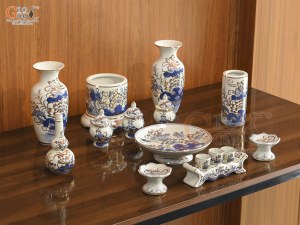 Bộ đồ thờ men lam vẽ Sen Đại Cát vẽ vàng, 12 chi tiết (Ban Thờ 1m27-1m53)
