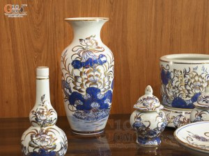 Bộ đồ thờ men lam vẽ Sen Đại Cát vẽ vàng, 12 chi tiết (Ban Thờ 1m27-1m53)