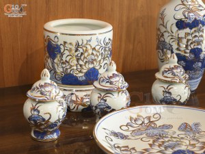 Bộ đồ thờ men lam vẽ Sen Đại Cát vẽ vàng, 12 chi tiết (Ban Thờ 1m27-1m53)