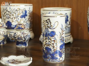 Bộ đồ thờ men lam vẽ Sen Đại Cát vẽ vàng, 16 chi tiết (Ban Thờ 1m27-1m53)
