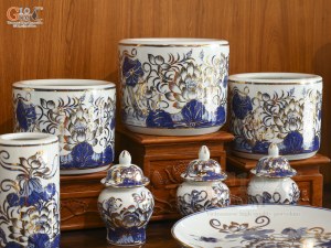 Bộ đồ thờ men lam vẽ Sen Đại Cát vẽ vàng, 22 chi tiết (Ban Thờ 1m53)