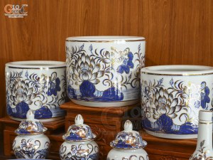 Bộ đồ thờ men lam vẽ Sen Đại Cát vẽ vàng, 22 chi tiết (Ban Thờ 1m53)
