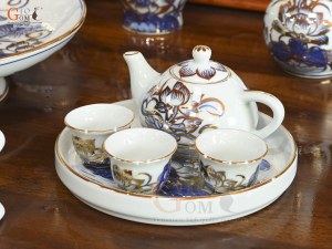 Bộ đồ thờ men lam vẽ Sen Đại Cát vẽ vàng, 22 chi tiết (Ban Thờ 1m53)